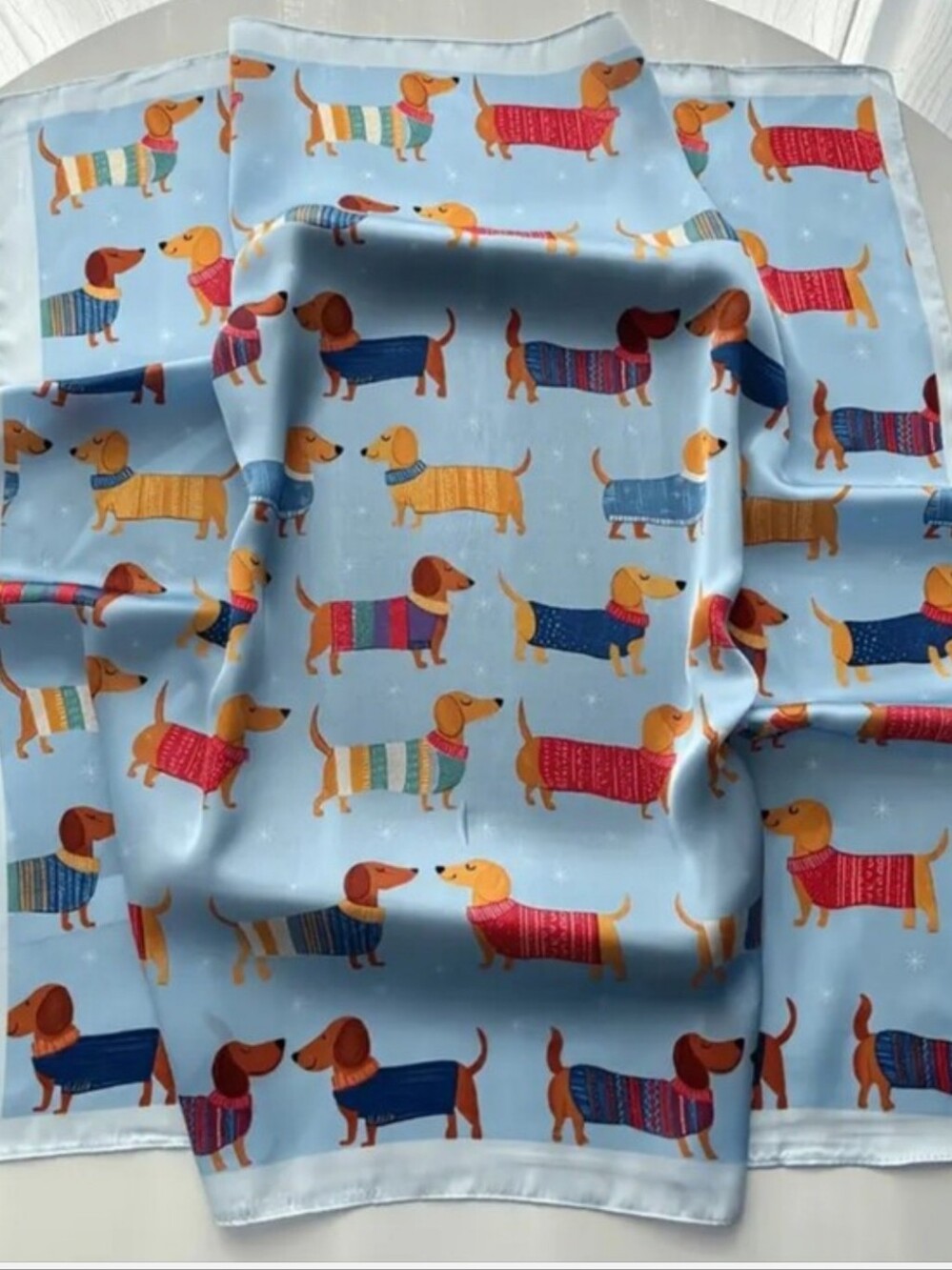 Silk-feel Blue Dachshund Print Dog Bandana - Multicolor Sweater Pattern